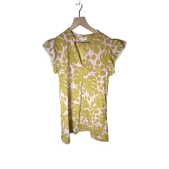 THML Womens Ruffle Sleeve Dress Large Pink & Yellow Tropical Leaf Print - Picture 1 of 5